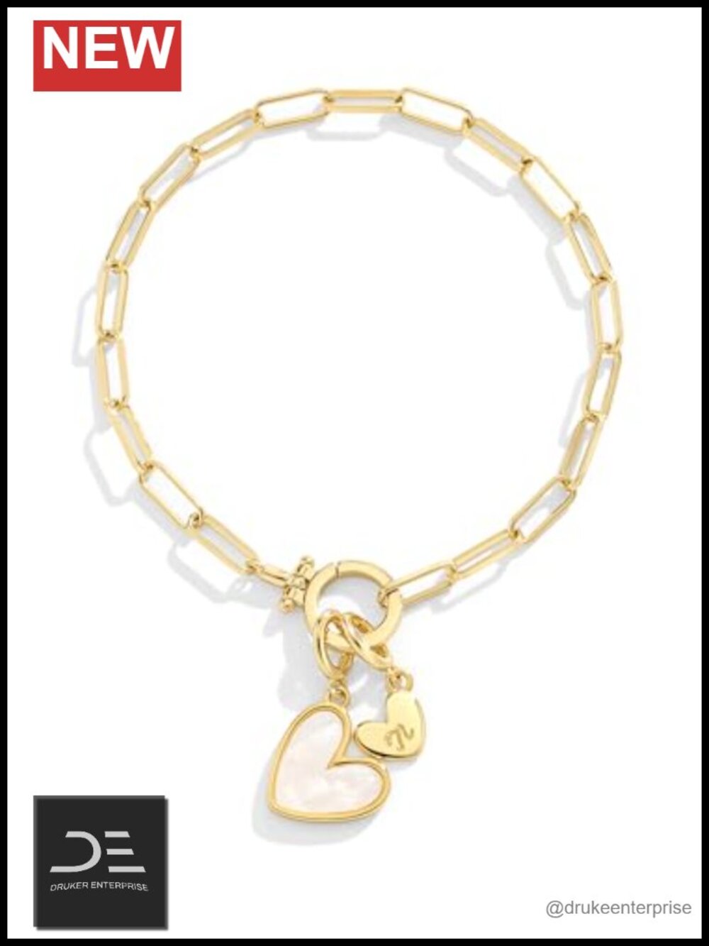 18K Gold Plated Waterproof Initial Charm Bracelet Mother of Pearl Heart